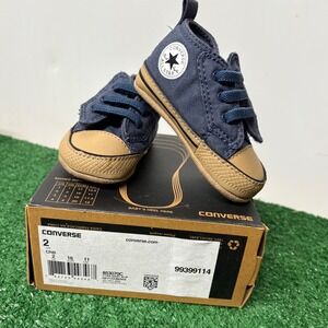 Converse Chuck Taylor All Star Crib Shoes Navy Blue Tan Rubber Sole Baby Size 2
